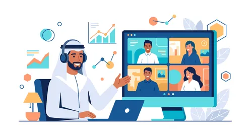 رجل أعمال عربي في اجتماع مرئي وتواصل عبر الإنترنت