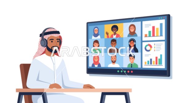 رسم توضيحي لرجل أعمال سعودي في اجتماع فيديو