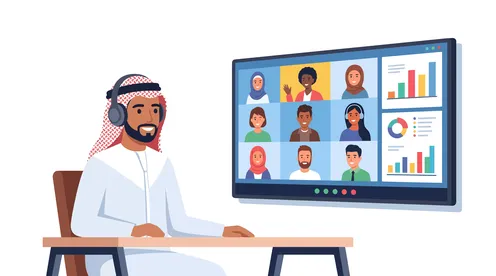 رسم توضيحي لرجل أعمال سعودي في اجتماع فيديو
