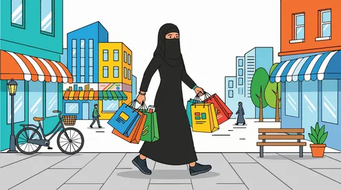 امرأة منقبة تتسوق في مدينة حضرية ملونة رسم توضيحي