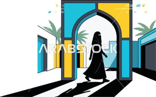 امرأة عربية بالنقاب تمر عبر قوس تقليدي