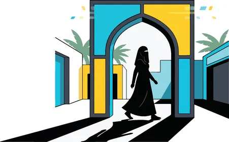 امرأة عربية بالنقاب تمر عبر قوس تقليدي