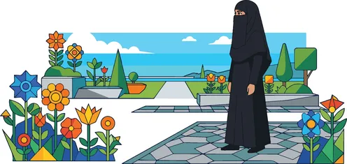 رسم توضيحي لامرأة سعودية بالنقاب في حديقة عامة