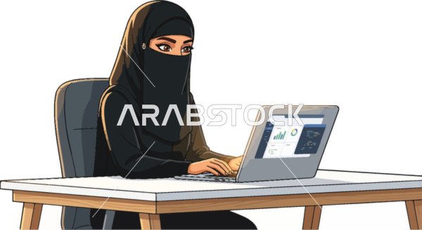 رسم توضيحي لامرأة سعودية بالنقاب تعمل على الكمبيوتر