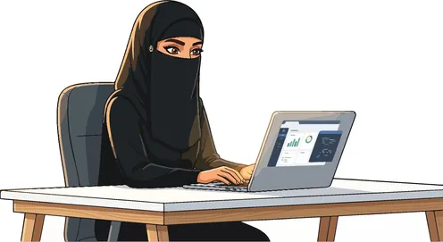 رسم توضيحي لامرأة سعودية بالنقاب تعمل على الكمبيوتر