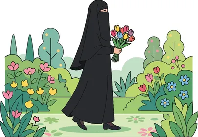رسم توضيحي لامرأة منقبة تمشي في حديقة زهور