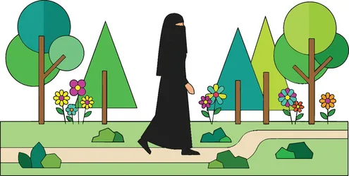 رسم توضيحي لامرأة بالنقاب تمشي في حديقة خضراء