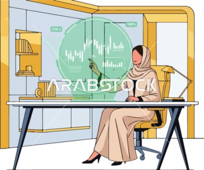 رسم توضيحي لسيدة أعمال عربية مع بيانات هولوغرافية