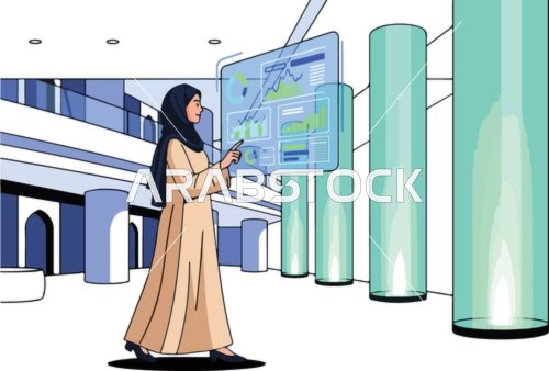 امرأة سعودية تتفاعل مع واجهة بيانات مالية