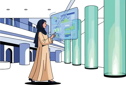 امرأة سعودية تتفاعل مع واجهة بيانات مالية