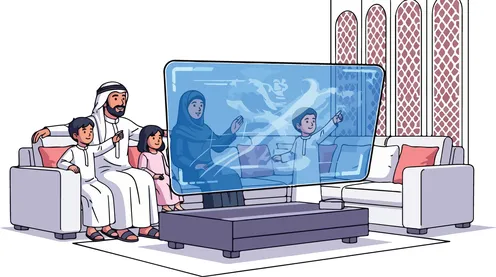 عائلة عربية تستخدم شاشة هولوجرام مستقبلية في المنزل