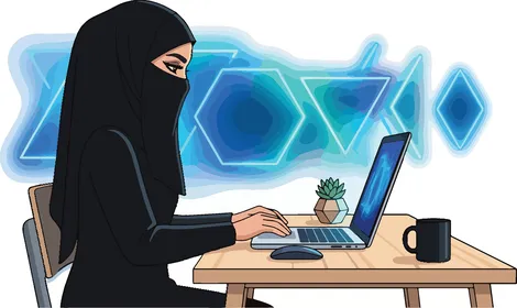 امرأة منقبة تعمل على الكمبيوتر المحمول رسم توضيحي