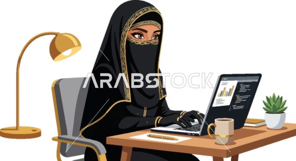 رسم توضيحي لامرأة عربية بالنقاب تعمل على الكمبيوتر
