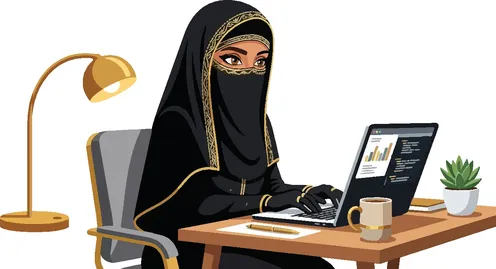رسم توضيحي لامرأة عربية بالنقاب تعمل على الكمبيوتر