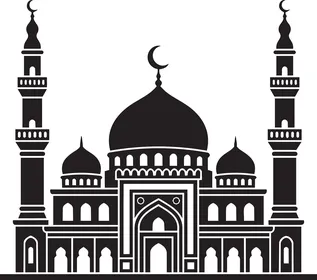 رسم توضيحي لظلية مسجد إسلامي باللونين الأسود والأبيض