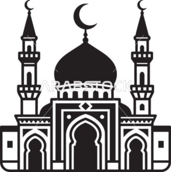 رسم توضيحي لأيقونة مسجد إسلامي باللونين الأسود والأبيض