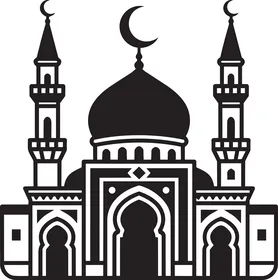 رسم توضيحي لأيقونة مسجد إسلامي باللونين الأسود والأبيض