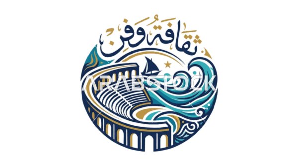 شعار فيكتور دائري ثقافة وفن مع مدرج أثري وأمواج