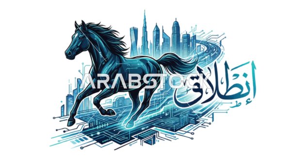 Futuristic Running Horse with Arabic Calligraphy Vector