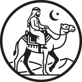 Arab Man Riding Camel in Desert Circular Vector Icon