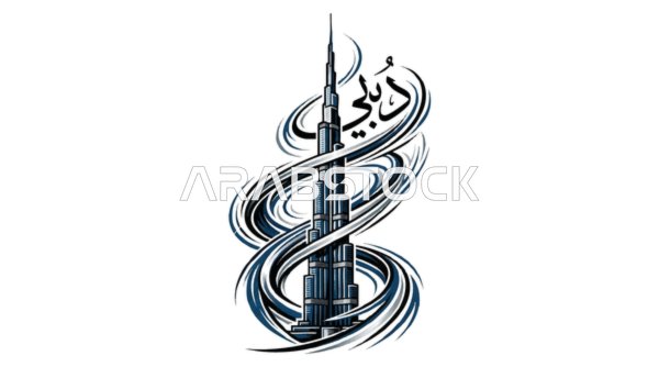 Burj Khalifa Dubai Vector Illustration with Calligraphy