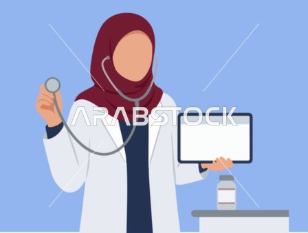 رسومات توضيحية لطبيبة عربية محجبة مع جهاز لوحي