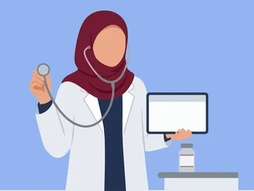 رسومات توضيحية لطبيبة عربية محجبة مع جهاز لوحي
