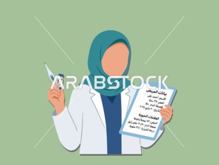 رسم توضيحي لطبيبة مسلمة تحمل لوحة بيانات المريض