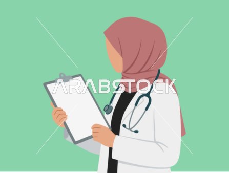 رسم توضيحي لطبيبة مسلمة محجبة تحمل لوحة كتابة فارغة