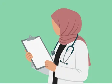 رسم توضيحي لطبيبة مسلمة محجبة تحمل لوحة كتابة فارغة