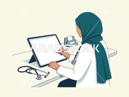 رسم توضيحي لطبيبة مسلمة تستخدم جهاز لوحي في العيادة