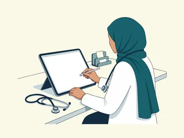 رسم توضيحي لطبيبة مسلمة تستخدم جهاز لوحي في العيادة