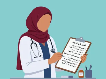 فيكتور طبيبة مسلمة محجبة تحمل تقرير طبي باللغة العربية