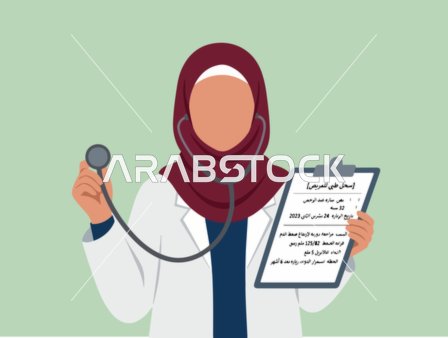 رسم توضيحي ناقل لطبيبة مسلمة محجبة مع سماعة طبية وملف
