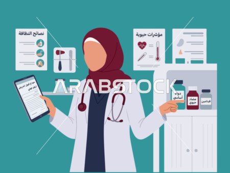 رسوم توضيحية طبيبة عربية محجبة مع جهاز لوحي في العيادة