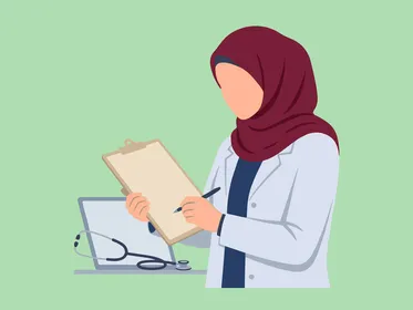رسم توضيحي لطبيبة مسلمة ترتدي الحجاب مع لوحة ملاحظات