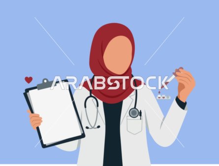 رسوم متجهة لطبيبة مسلمة محجبة تحمل لوحة كتابة وسماعة