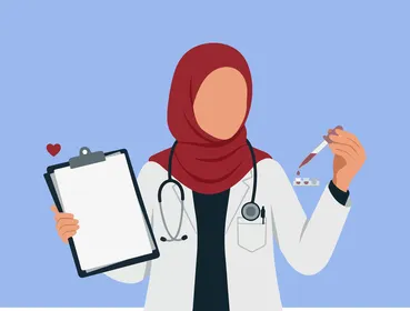 رسوم متجهة لطبيبة مسلمة محجبة تحمل لوحة كتابة وسماعة