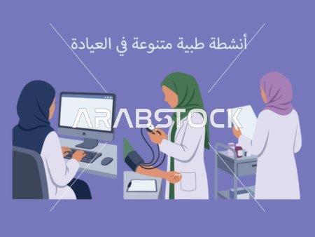 رسومات لطبيبات وممرضات محجبات في عيادة طبية رعاية صحية