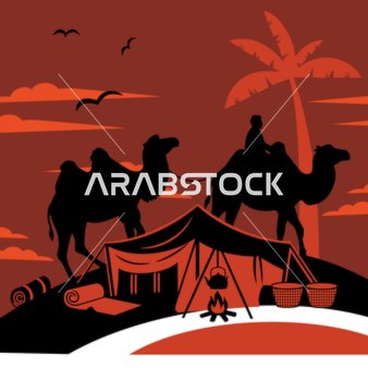 Desert Camp and Camel Silhouette Vector Illustration