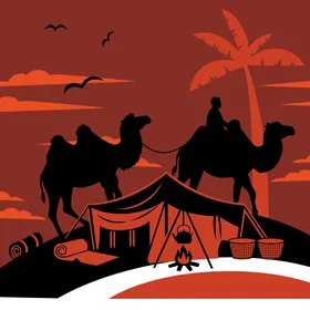 Desert Camp and Camel Silhouette Vector Illustration