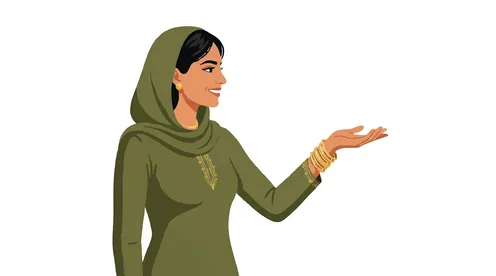رسم توضيحي لفيكتور امرأة بزي أخضر تقليدي تشير بيديها