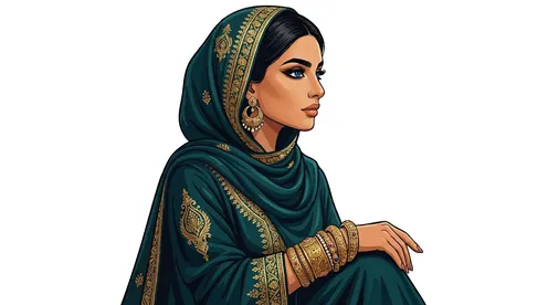 Vector Arab Woman Portrait in Green Hijab and Gold Jewelry