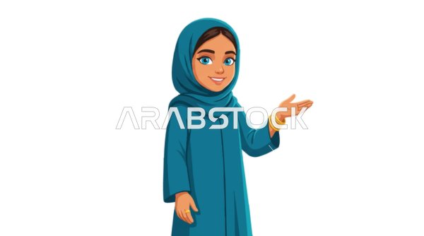 فيكتور توضيحي لفتاة عربية بالعباءة والحجاب تشير بيدها
