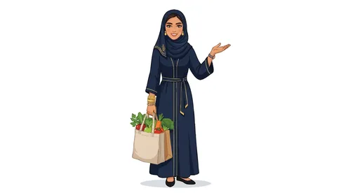 Arab Woman Wearing Abaya Holding Grocery Bag Vector