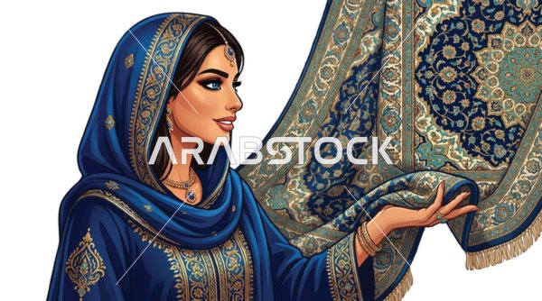 فيكتور امرأة عربية تمسك سجادة شرقية مزخرفة