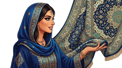 فيكتور امرأة عربية تمسك سجادة شرقية مزخرفة