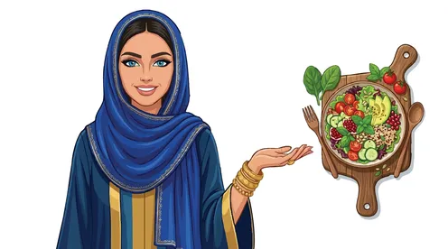 Arab Woman Hijab Healthy Salad Vector Illustration