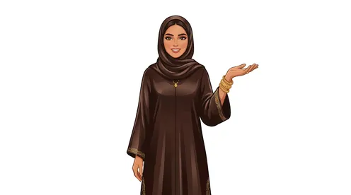 شخصية فيكتور لامرأة عربية بعباءة بنية تقدم عرضاً