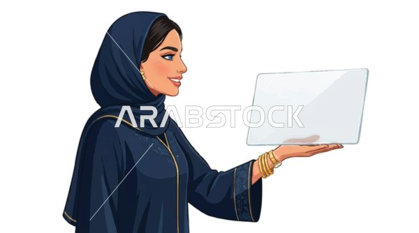 فيكتور لامرأة عربية بالعباءة تحمل بطاقة عرض فارغة
